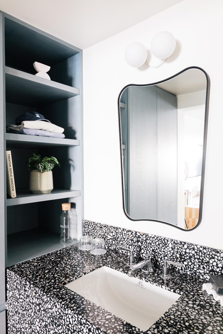 Bathroom vanity with mirror and shelf
