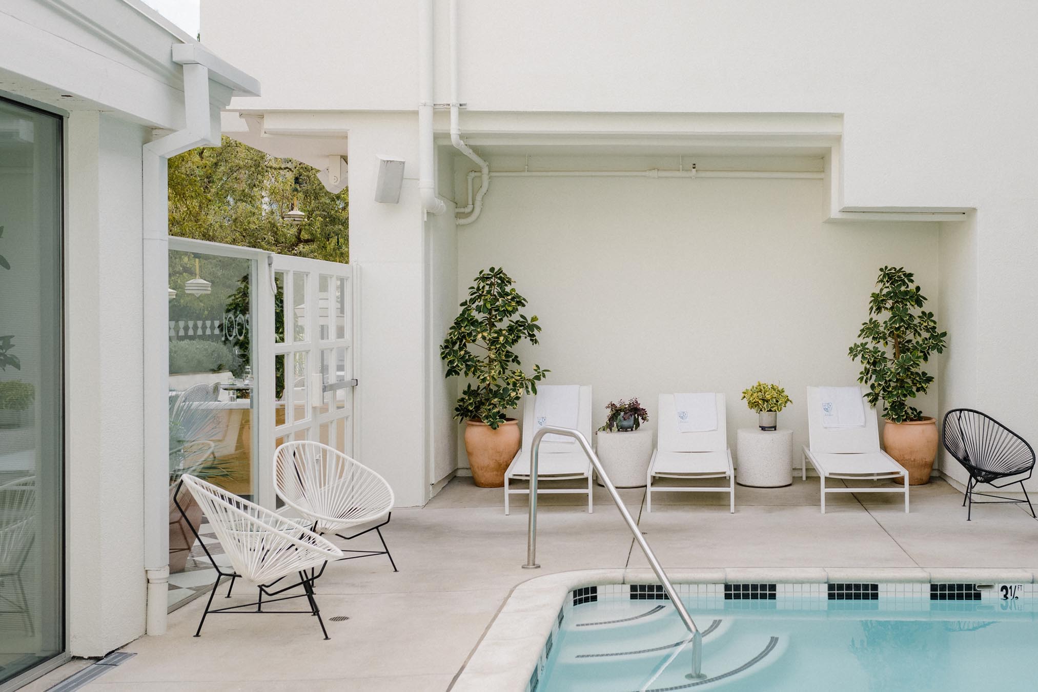 A small outdoor pool with lounge chairs and plants