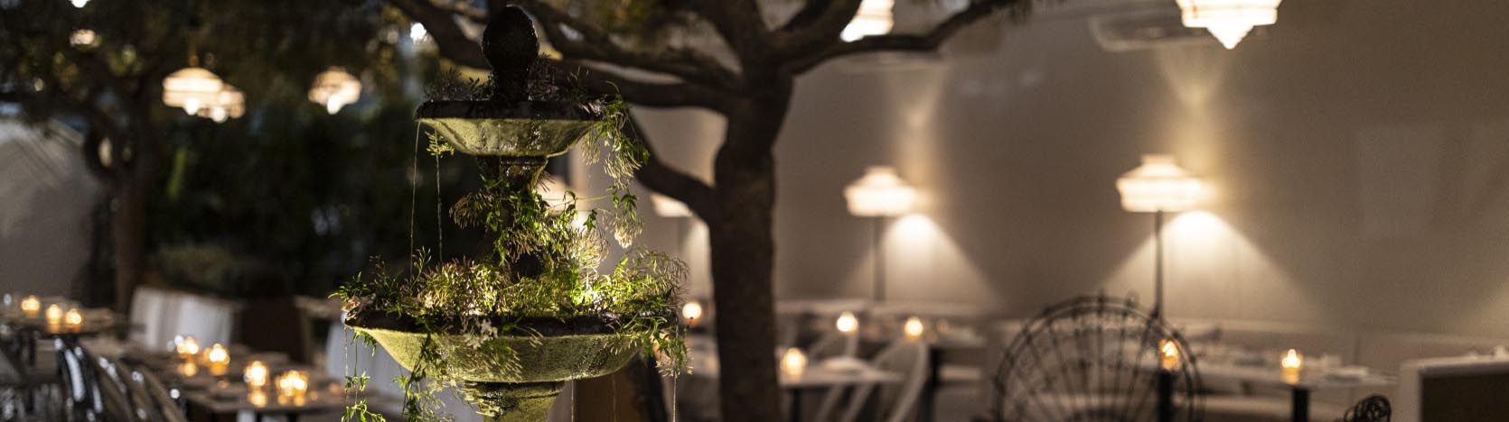 a dimly lit outdoor dining area with a fountain and plants